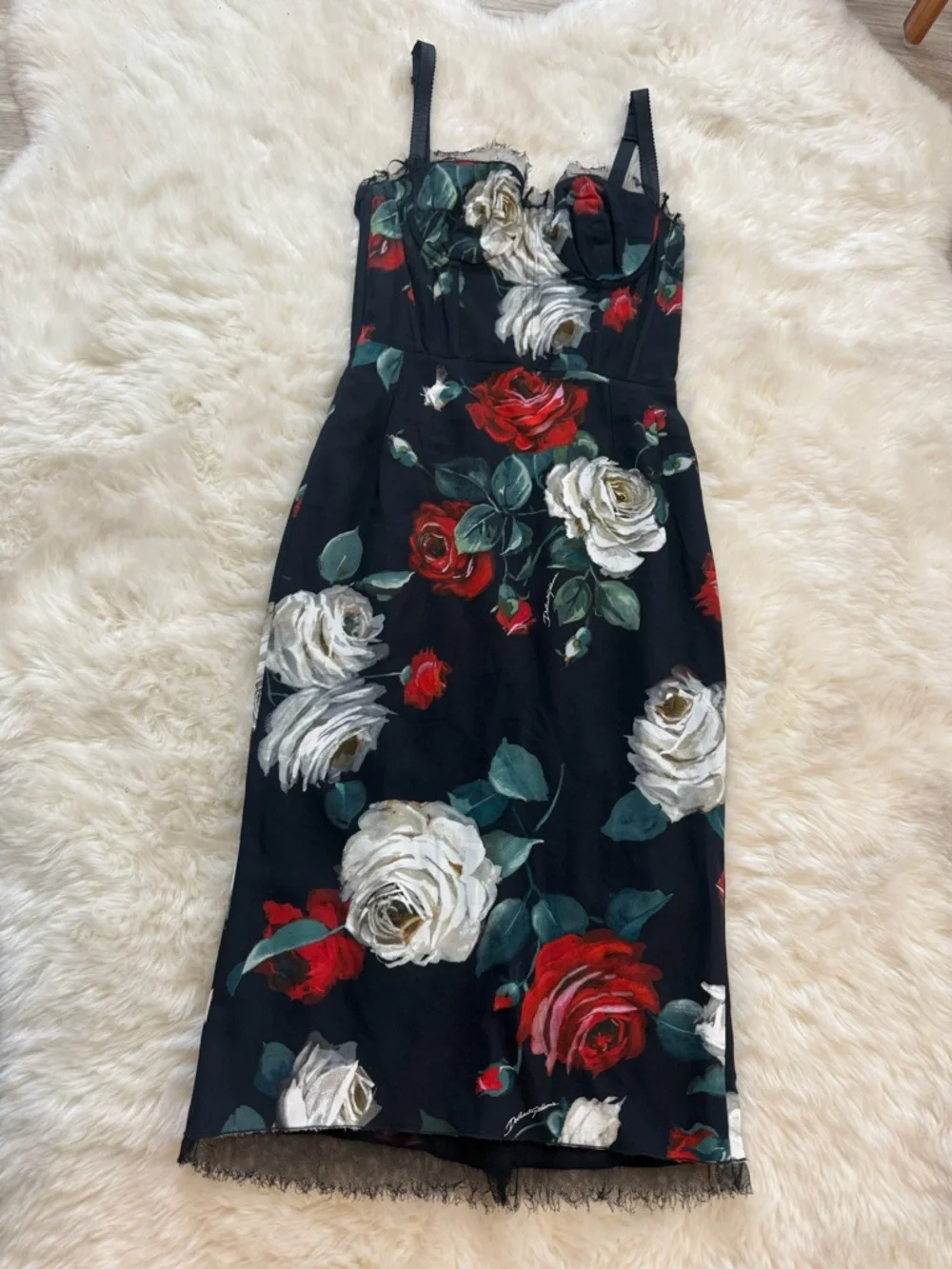 Dolce & Gabbana Black Floral Midi Dress with Red & White Roses - Picture 10 of 10